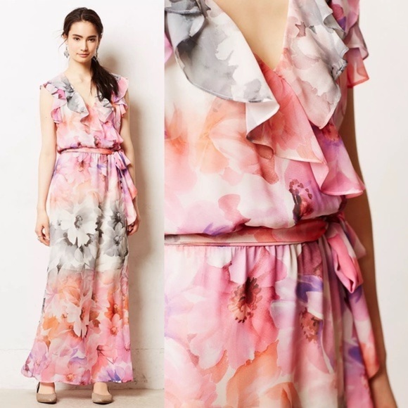 Anthropologie HD in Paris Easel Flora Ruffle Maxi Dress Size 6 Floral Watercolor - Picture 1 of 10